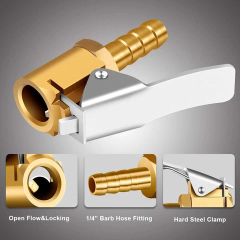 Brass Tire Inflator With Lock On Air Chuck And One Quarter Inch Barbed Hose End For Quick Hose Repairs Portable Mini Compressor Kit Open Flow With Hands Free Inflation 2 Pack close-up