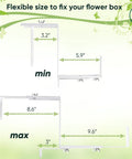 Adjustable Planter Box Bracket Set For Decks And Fences dimensions showing variable width for 5.9 to 9.6 inch pots.