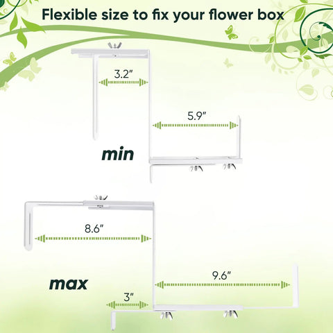 Adjustable Planter Box Bracket Set For Decks And Fences dimensions showing variable width for 5.9 to 9.6 inch pots.