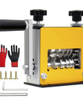 No Sweat Heavy Duty Wire Stripper Machine For Copper Cable 3 To 17 MM shows handle, precision blades, gloves, screws, and tools.