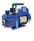 Badass Two Stage Rotary Vane Refrigerant Vacuum Pump With Pressure Gauge Hits Four CFM for HVAC systems, blue rotary vane motor design.
