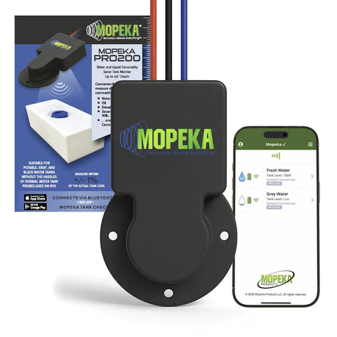Pro200 Ultrasonic Tank Level Sensor with Bluetooth and wired connectivity for non-pressurized tanks, shown with smartphone app