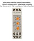 Voltage Monitoring Relay With Adjustable Over And Under Voltage Protection Delay Timer 35mm DIN Rail Mount DC 24V For Solar Setups Real Time Monitoring Dual Normally Open And Closed Contacts Indicator Lights front view
