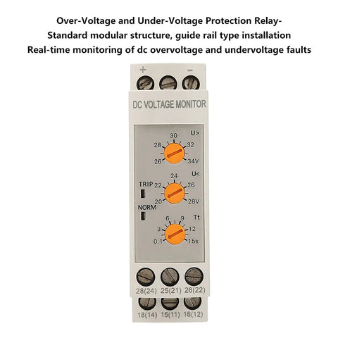 Voltage Monitoring Relay With Adjustable Over And Under Voltage Protection Delay Timer 35mm DIN Rail Mount DC 24V For Solar Setups Real Time Monitoring Dual Normally Open And Closed Contacts Indicator Lights front view