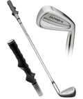Right Handed Golf Training Club with Small Head and Molded Grip for Consistency and Accuracy; silver club with distinct grip design.