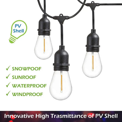 24-Pack LED S14 String Light Bulbs, 1W Shatterproof Plastic Edison Style hanging in outdoor setting