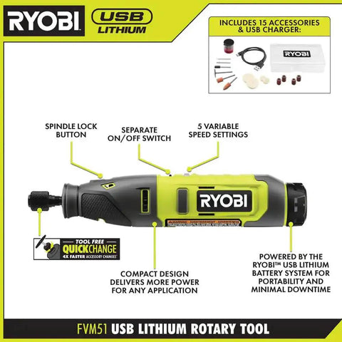 Top Shelf Usb Lithium Rotary Tool Kit With 2.0 Ah Battery And Quick Charge Cable Green Casing with spindle lock and speed settings.