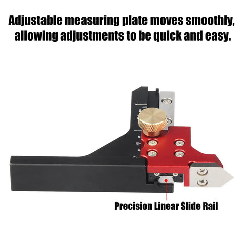 Close-up of Table Saw Height Gauge And Router Depth Gauge Set With Scriber Marking Tool featuring precision linear slide rail.