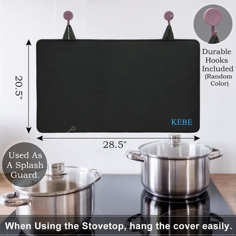 Stovetop Protector Mat For Glass And Ceramic Cooktops, Heat Resistant Silicone Thick Induction Cover, 28.5 By 20.5 Inches shown hanging.