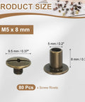 Super Slick Chicago Screws And Leather Rivets For Belt Bags M5 X 8mm Bronze Tone showing detailed size measurements for easy installation.