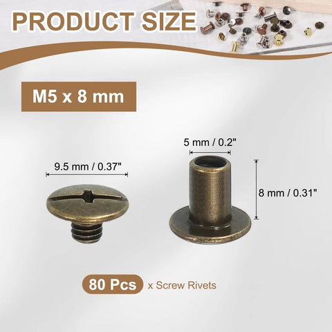 Super Slick Chicago Screws And Leather Rivets For Belt Bags M5 X 8mm Bronze Tone showing detailed size measurements for easy installation.