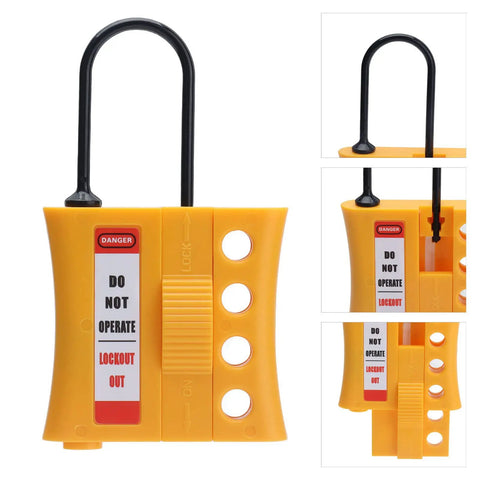 Heavy Duty Four Hole Safety Lockout Hasp For Industrial Power Isolation And Tagout Crafted From Corrosion Resistant Nylon Abs With No Sweat Setup Process And Rock Solid Multi Padlock Grip