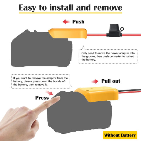 Diagram showing installation of 2 Pack Power Wheel Battery Adapter Kit For 20V RC Cars And Trucks With Fuses 12AWG Wire Terminals