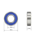 Miniature deep groove ball bearing, front and side views, blue rubber-sealed, 3×8×3 mm, chrome steel.