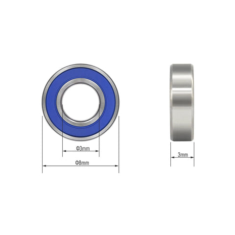 Miniature deep groove ball bearing, front and side views, blue rubber-sealed, 3×8×3 mm, chrome steel.