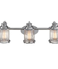 Three Light Vanity Light In Chrome With Ribbed Seeded Glass Shades For A Coastal Bathroom Vibe, Modern Chrome Finish, Bulb Not Included