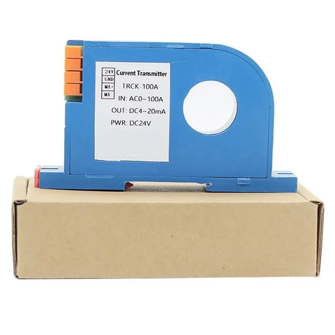 Top Shelf Hall Effect Current Transmitter Split Core Analog Output Monitor in blue plastic, 22mm circular opening for industrial use.