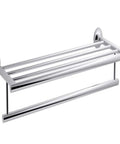 Side view of Coralis Hotelier Polished Chrome Towel Bar, durable corrosion resistant bathroom storage rack, space saving design.