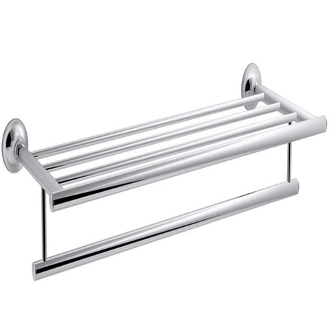 Side view of Coralis Hotelier Polished Chrome Towel Bar, durable corrosion resistant bathroom storage rack, space saving design.