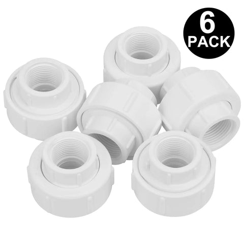 Six Pack Three Quarter Inch Female Threaded PVC Union Couplings F X F For Sprinkler Irrigation And Plumbing With FNPT Threads