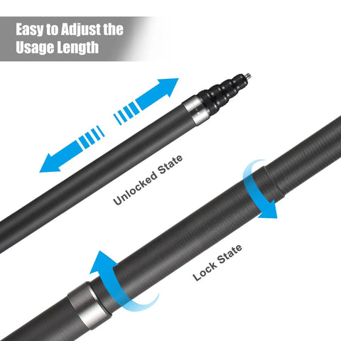 Heavy Duty Carbon Fiber Selfie Stick Extends To Super Long 118 Inches With Reliable 1/4 Inch Mount showing adjustable length mechanism.