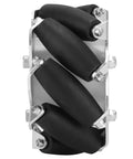 Four 100mm steel Mecanum wheels with rubber rollers on an aluminum frame for omni-directional robot cars.