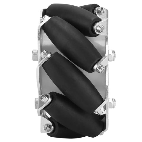 Front view of a 100mm steel Mecanum wheel module with black rubber rollers on a silver frame