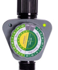 Daybreak Programmable Hose Watering Timer With Sunrise Sensor Or Set Time Option, gray with dial and green light indicator.