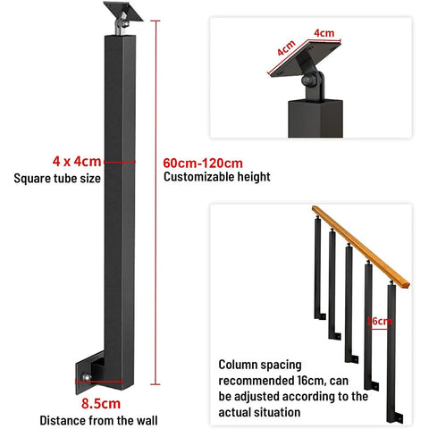 Heavy Duty Matte Black Deck Railing Post And Banister Column dimensions showing customizable height of 60cm-120cm and square tube size.