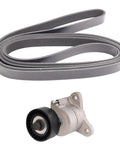 Heavy Duty Serpentine Belt Tensioner Drive Kit Replaces Broken Parts Keeps Engine Humming Smooth Compatible With 1345A008 4891595AB To Stop Squealing Noise Make Ride Run Great Save Money Buying Quality Pieces For Maintenance Today. serpentine belt and tensioner kit, black rubber and metal, front view