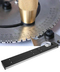 Close-up of a Heavy Duty Aluminum Box Joint Jig For Miter Gauge Table Saws And Router Tables with precision scale.