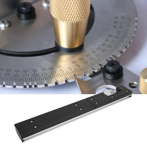 Close-up of a Heavy Duty Aluminum Box Joint Jig For Miter Gauge Table Saws And Router Tables with precision scale.