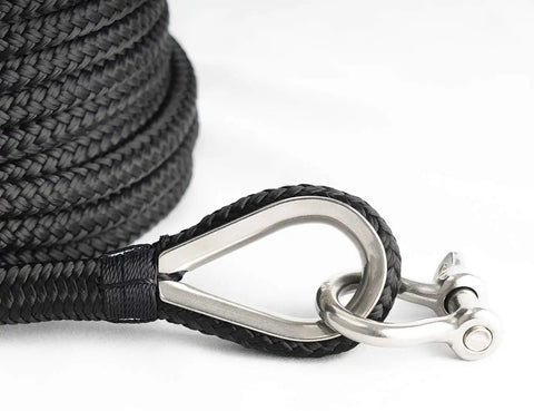 3/8 Inch Nylon Double Braided Anchor Line With Stainless Steel Thimble, 100Ft Black Marine Rope For Boats Up To 27 Feet