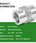 2 Pack 3/4 Inch 304 Stainless Steel Pipe Fittings Coupling Forged Female NPT To Female NPT For Plumbing And Industrial Use High Strength Corrosion Resistant Easy Install shown with product specifications