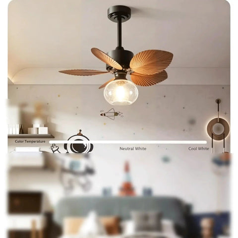 YPDJVLTI Ceiling Fans Lights 32Inch Kid Ceiling Lamp with decorative leaves and glass bulb in a cozy room.