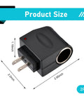 Universal AC To DC Power Converter That Brings House Current To Your Automotive Gear Straightforward Plug And Play Setup Works Like A Champ For Car Vacuums Air Pumps And Coolers In Bold Black, showing dimensions and plug details.