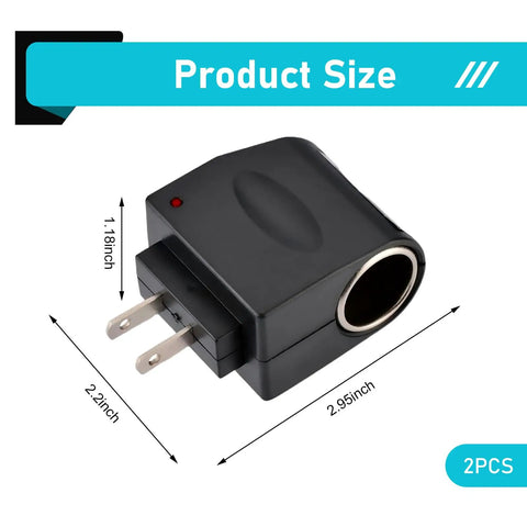 Universal AC To DC Power Converter That Brings House Current To Your Automotive Gear Straightforward Plug And Play Setup Works Like A Champ For Car Vacuums Air Pumps And Coolers In Bold Black, showing dimensions and plug details.