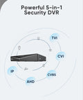 Beefy 5MP 8CH CCTV DVR With 2TB HDD H264 Plus All In One Hybrid 5 In 1 Surveillance Recorder diagram showing TVI, CVI, IP, AHD, CVBS