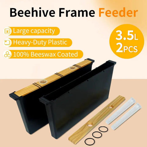 2 Pack 3.5L Beehive Feeder Set With Beeswax Coated Frames, durable plastic and wood components, shown disassembled on display