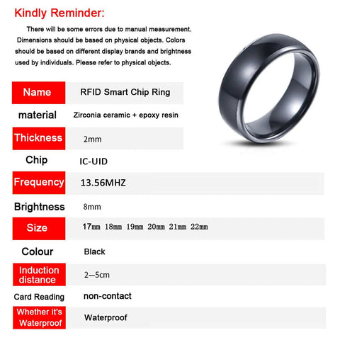 RFID UID Ring 125KHz And 13.56MHz Black Ceramic Smart Finger Ring For Access Control with specifications list