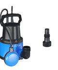 Half HP Submersible Sump Pump with Float Switch 2535 GPH, blue and black, with connector, for pool draining and flood cleanup.