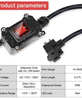 Inline Cord Switch With 3 Point 3 Foot 14 AWG Cable Three Pronged Piggyback Plug Waterproof IP67 Extension Cord On Off Power Switch With Red LED Rocker Button For Outdoor And Indoor Use. Black IP67 inline switch with 3.3 ft 14 AWG cable and red rocker, shown with plug and product parameters.