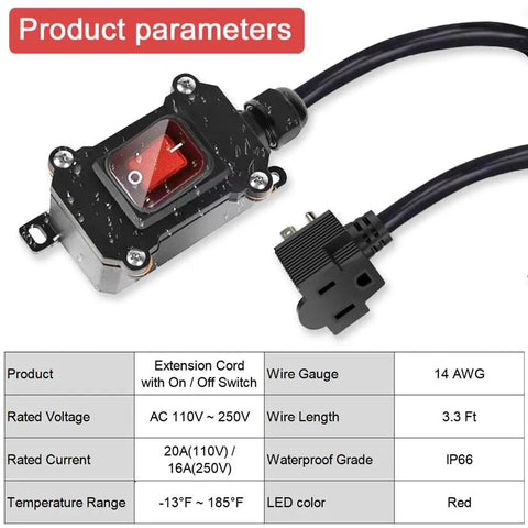 Inline Cord Switch With 3 Point 3 Foot 14 AWG Cable Three Pronged Piggyback Plug Waterproof IP67 Extension Cord On Off Power Switch With Red LED Rocker Button For Outdoor And Indoor Use. Black IP67 inline switch with 3.3 ft 14 AWG cable and red rocker, shown with plug and product parameters.