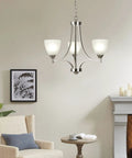 Three Light Dope Sleek Contemporary Chandelier In Brushed Nickel With White Glass Shades Modern Ceiling Hanging Pendant Lighting