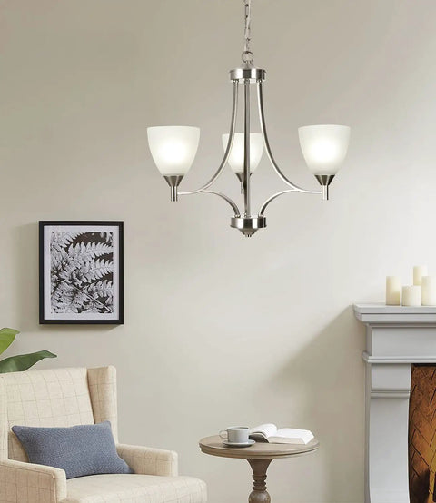 Three Light Dope Sleek Contemporary Chandelier In Brushed Nickel With White Glass Shades Modern Ceiling Hanging Pendant Lighting