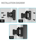 Installation diagram for Two Pack Self Closing Cabinet Hinges Set for cupboard, desk, furniture doors, silver finish, showing step by step