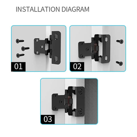 Installation diagram for Two Pack Self Closing Cabinet Hinges Set for cupboard, desk, furniture doors, silver finish, showing step by step