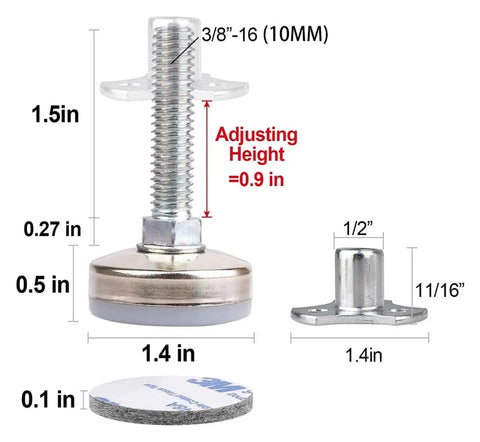 Heavy Duty Adjustable Furniture Leveling Feet 4 Pack For Tables Chairs Cabinets And Sofas Up To 1320 Lbs Load Capacity Easy Leveling Floor Safe And Quiet One Color, 3/8-16 stud with 1.4 in base