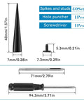 Front view of 40-set spikes and studs kit with black cone spikes (7x40mm) plus hole puncher and screwdriver for clothing crafts
