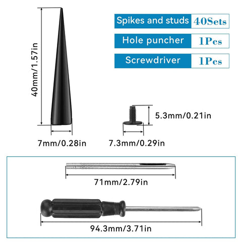 Front view of 40-set spikes and studs kit with black cone spikes (7x40mm) plus hole puncher and screwdriver for clothing crafts